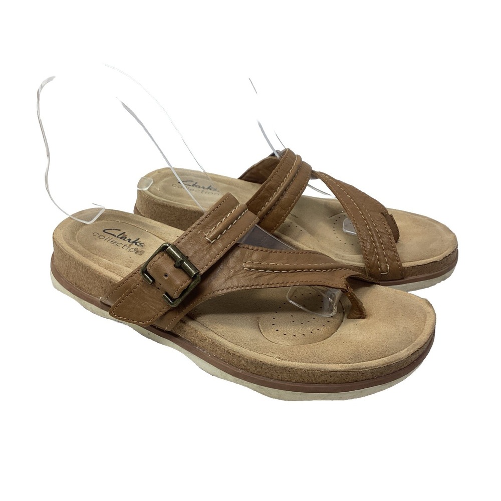 Clarks Womens Brynn Hope Tan Leather Buckle Slide Sandals Flip Flop Thong Size 9